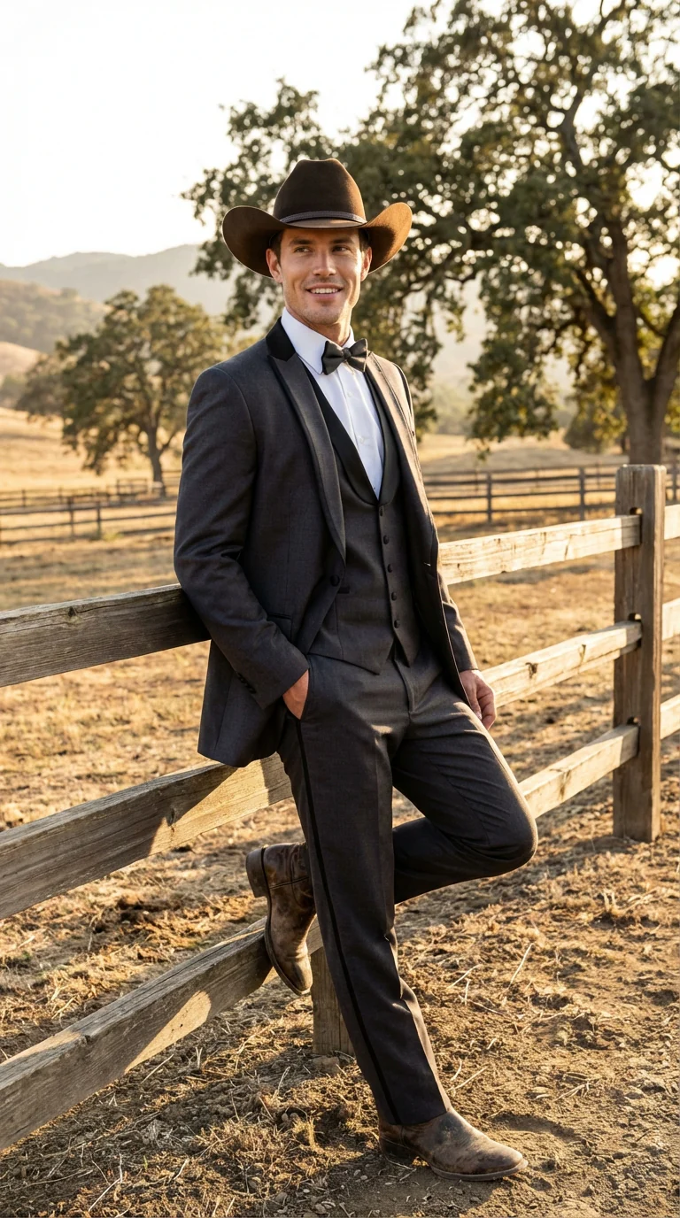 Charcoal Gray Western Tuxedo for Men | Classic Three Piece Formal Wedding and Evening Cowboy Tuxedo Suit With Trim Peak Lapel - Image 6