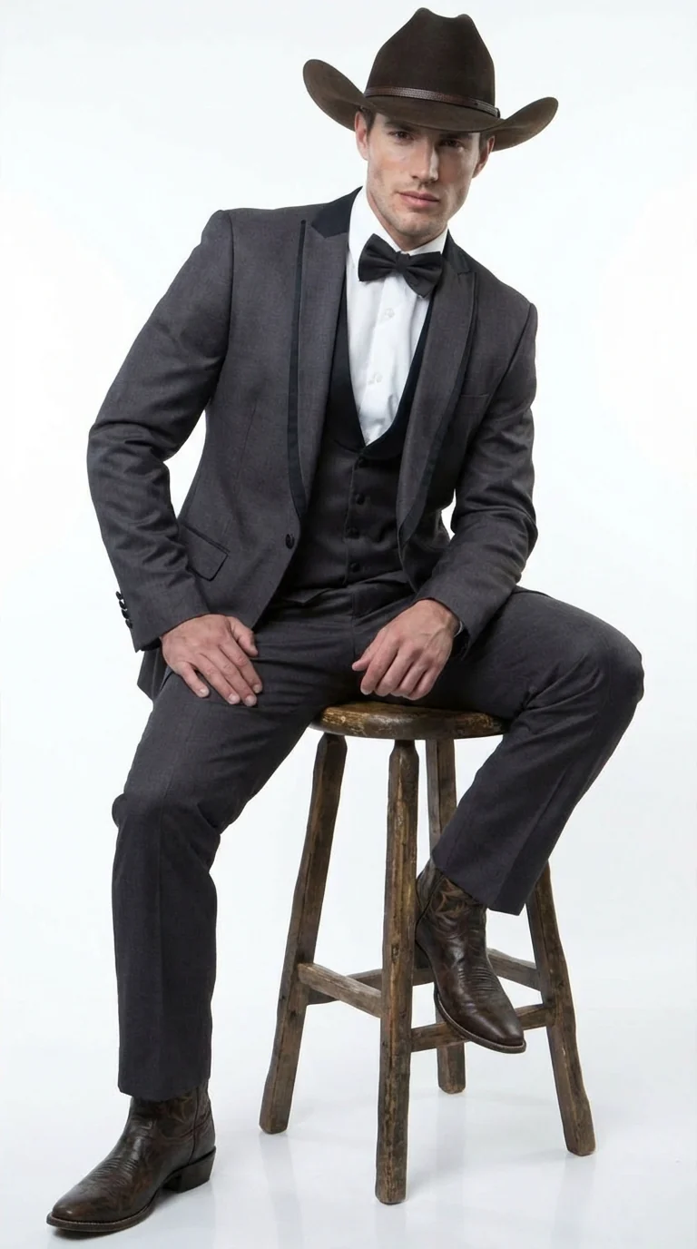 Charcoal Gray Western Tuxedo for Men | Classic Three Piece Formal Wedding and Evening Cowboy Tuxedo Suit With Trim Peak Lapel - Image 9