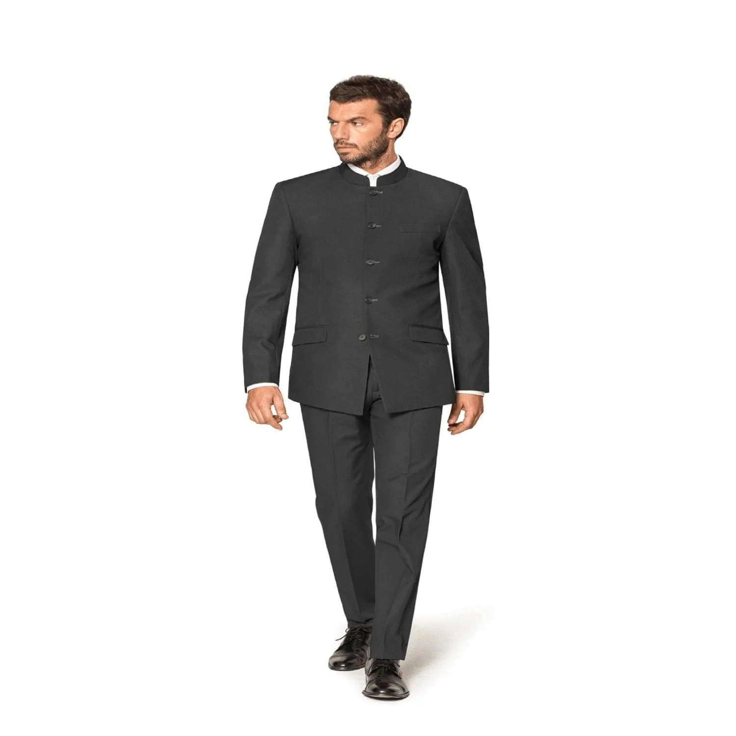 Charcoal Grey Indian Suit Color Banded Collar Suit - Chines Collar in Color Gray 5 Buttons Style