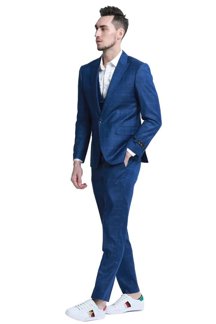 Cheap Suit - Men's One Button Fit Double Breasted Vest  Blue Plaid Suit - Image 2