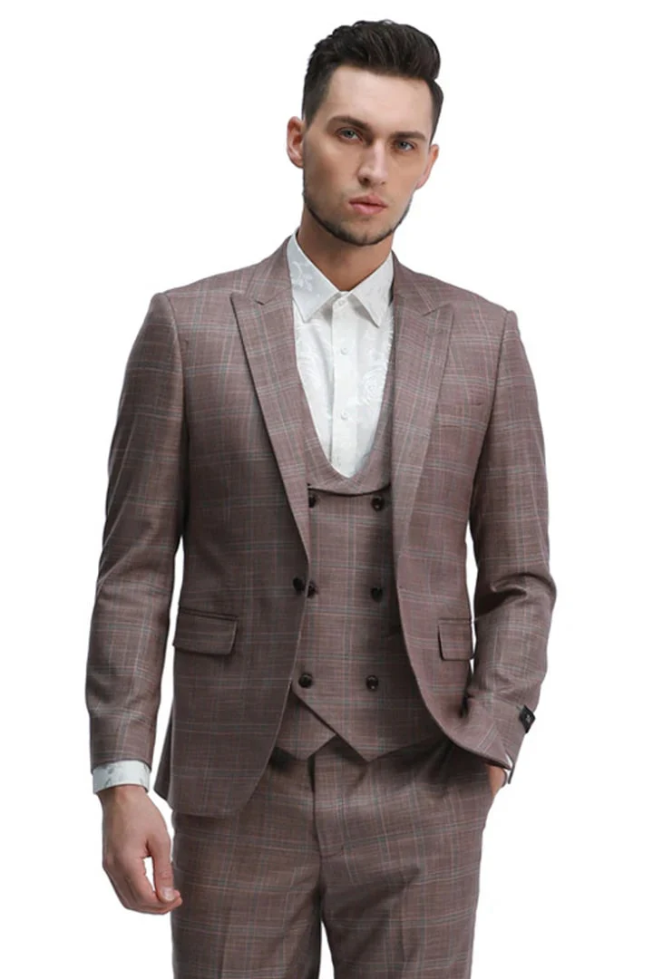Cheap Suit - Men's One Button Fit Double Breasted Vest Rose Plaid Suit