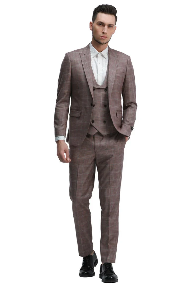 Cheap Suit - Men's One Button Fit Double Breasted Vest Rose Plaid Suit - Image 2