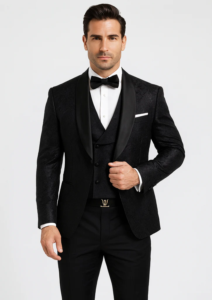 Classic Black Floral Lace Tuxedo with Vest – Modern Men’s Wedding Suit