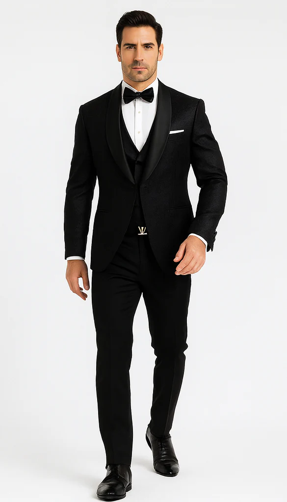 Classic Black Floral Lace Tuxedo with Vest – Modern Men’s Wedding Suit - Image 5