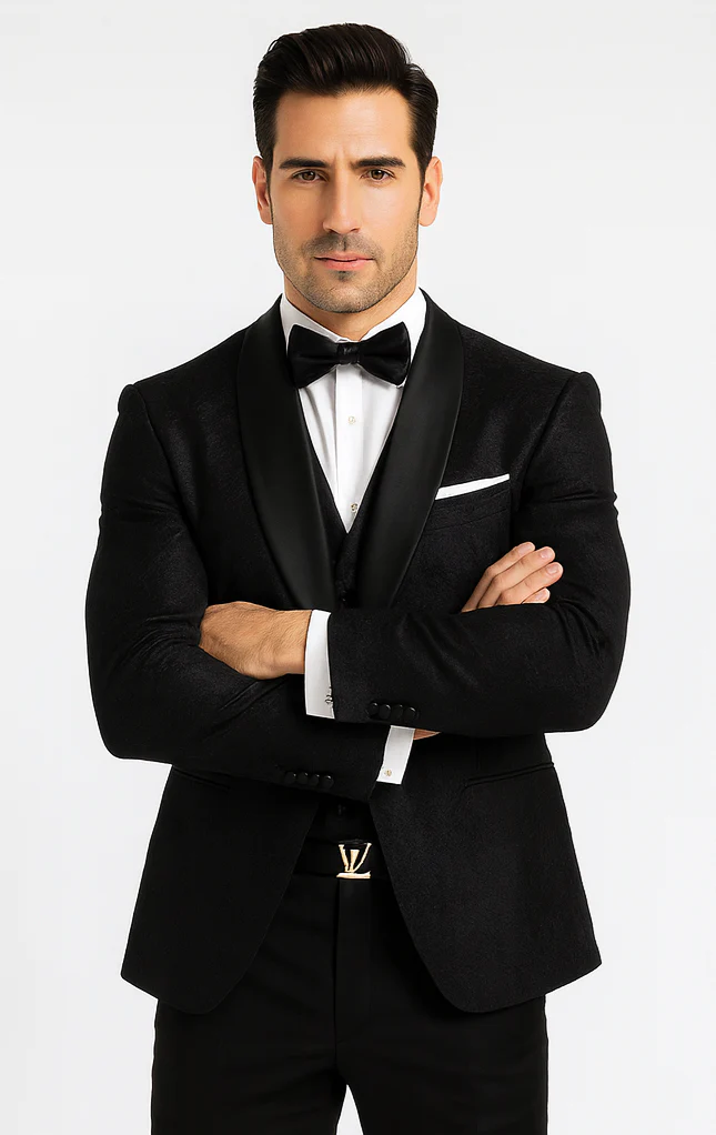 Classic Black Floral Lace Tuxedo with Vest – Modern Men’s Wedding Suit - Image 6