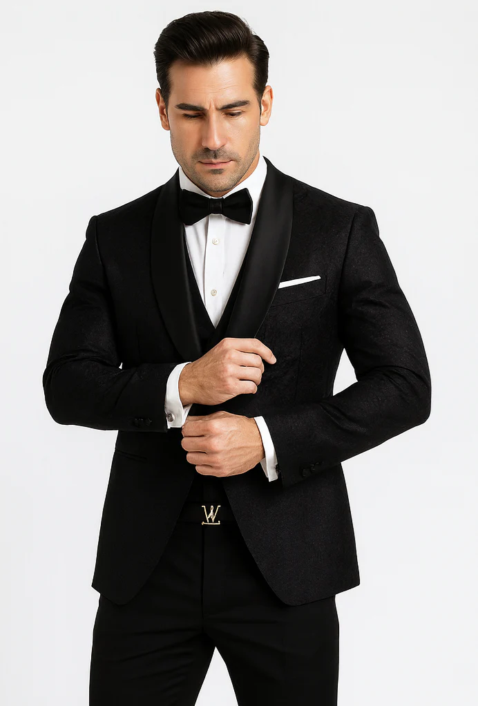 Classic Black Floral Lace Tuxedo with Vest – Modern Men’s Wedding Suit - Image 8