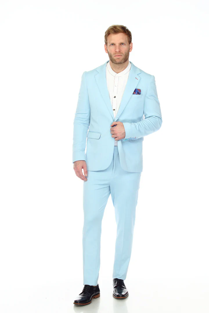 Cotton Suit - Summer Stretch Fabric - Mens Cotton-Stretch Fashion Suit Sky S9010 - Image 5