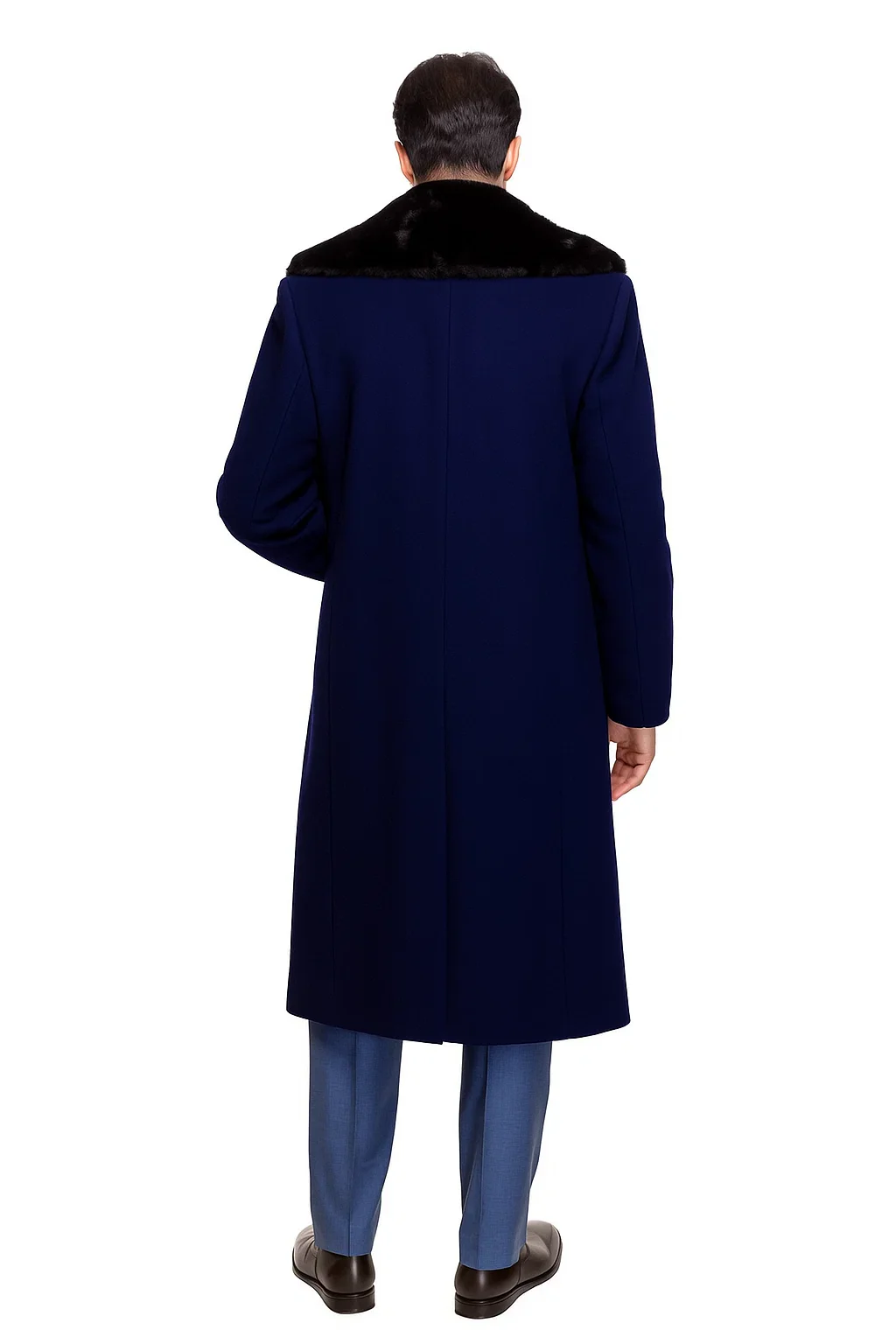 Dark Navy Blue Overcoat ~ Long men's Dress Topcoat - Winter coat With Fur Collar And Wool Fabric - Image 2