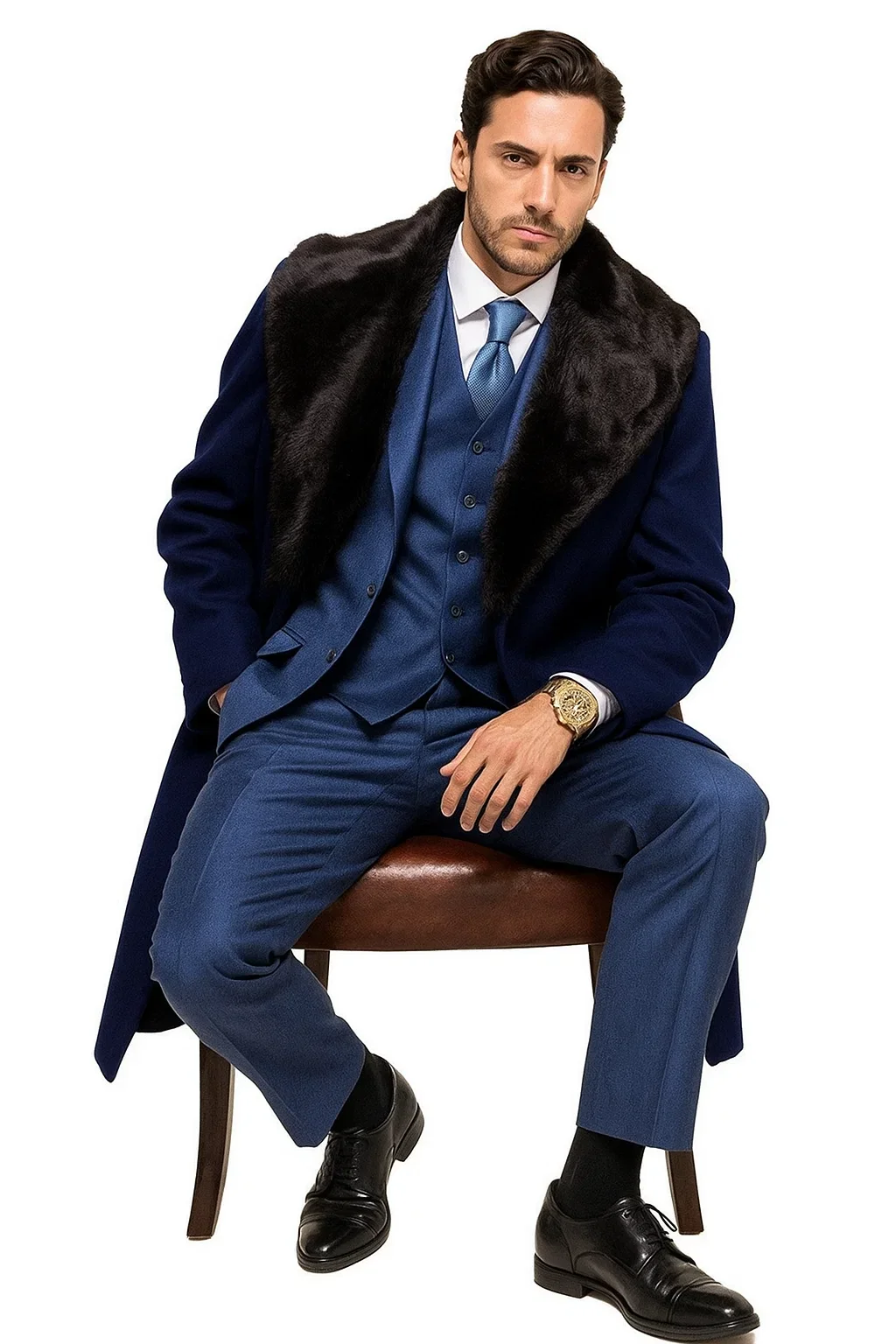 Dark Navy Blue Overcoat ~ Long men's Dress Topcoat - Winter coat With Fur Collar And Wool Fabric - Image 3
