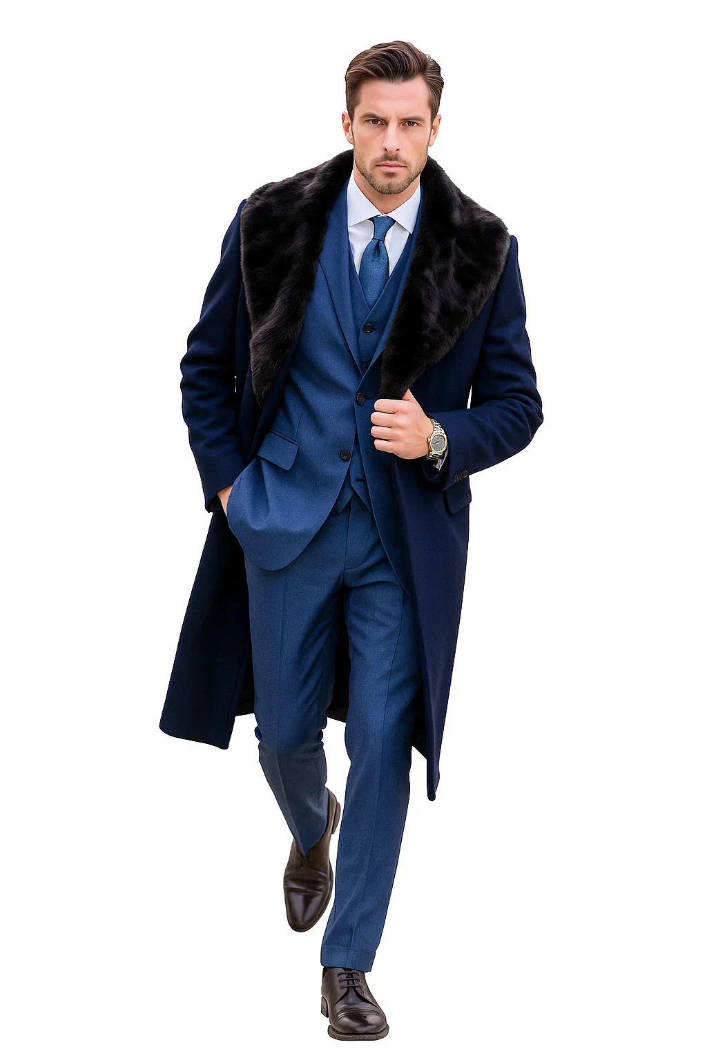 Dark Navy Blue Overcoat ~ Long men's Dress Topcoat - Winter coat With Fur Collar And Wool Fabric - Image 4