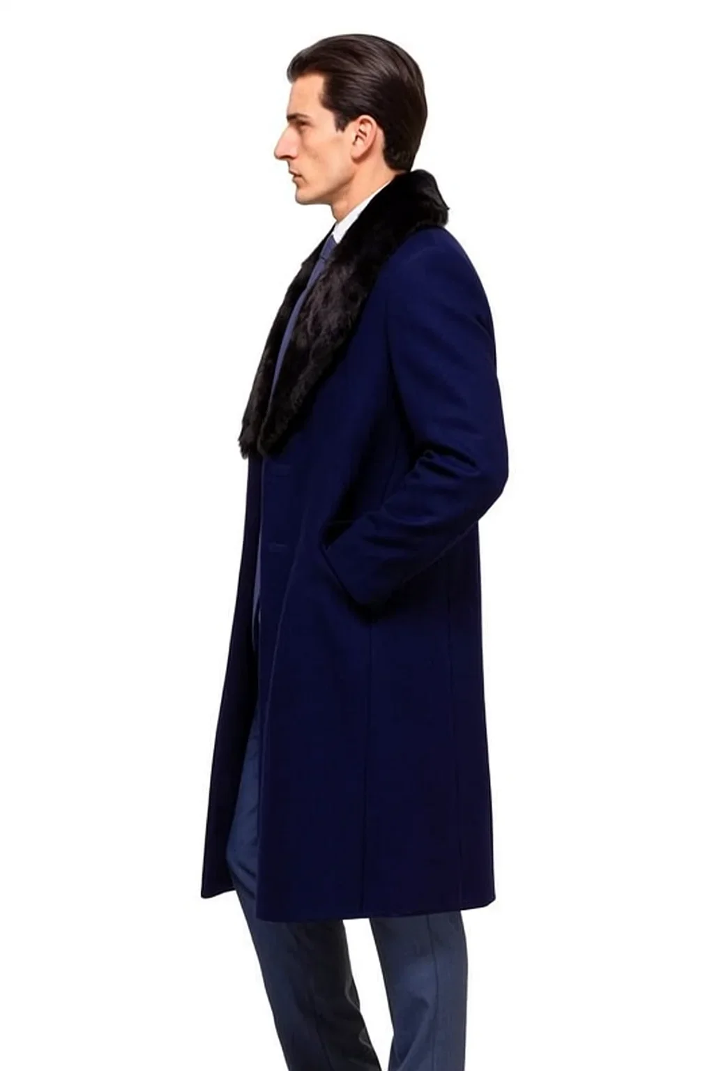Dark Navy Blue Overcoat ~ Long men's Dress Topcoat - Winter coat With Fur Collar And Wool Fabric - Image 5