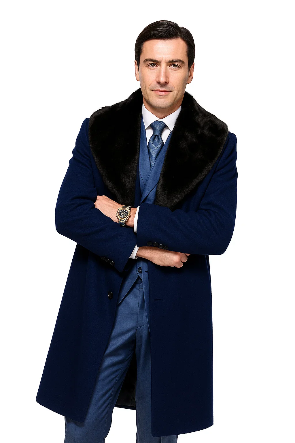 Dark Navy Blue Overcoat ~ Long men's Dress Topcoat - Winter coat With Fur Collar And Wool Fabric - Image 6