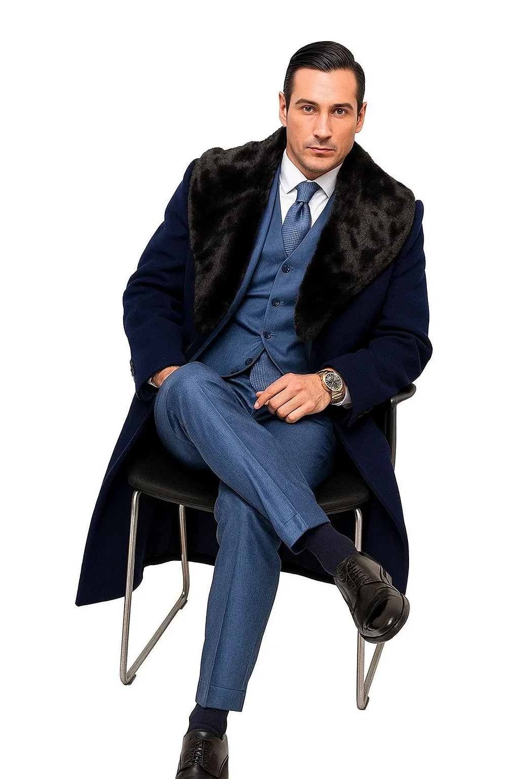 Dark Navy Blue Overcoat ~ Long men's Dress Topcoat - Winter coat With Fur Collar And Wool Fabric - Image 7