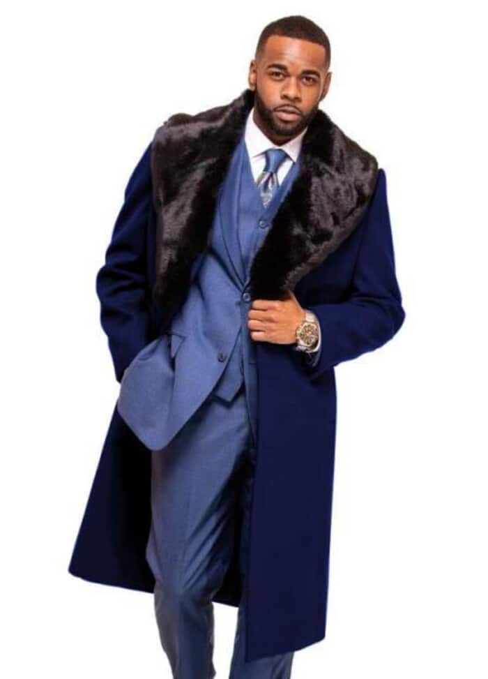 Dark Navy Blue Overcoat ~ Long men's Dress Topcoat - Winter coat With Fur Collar And Wool Fabric - Image 8