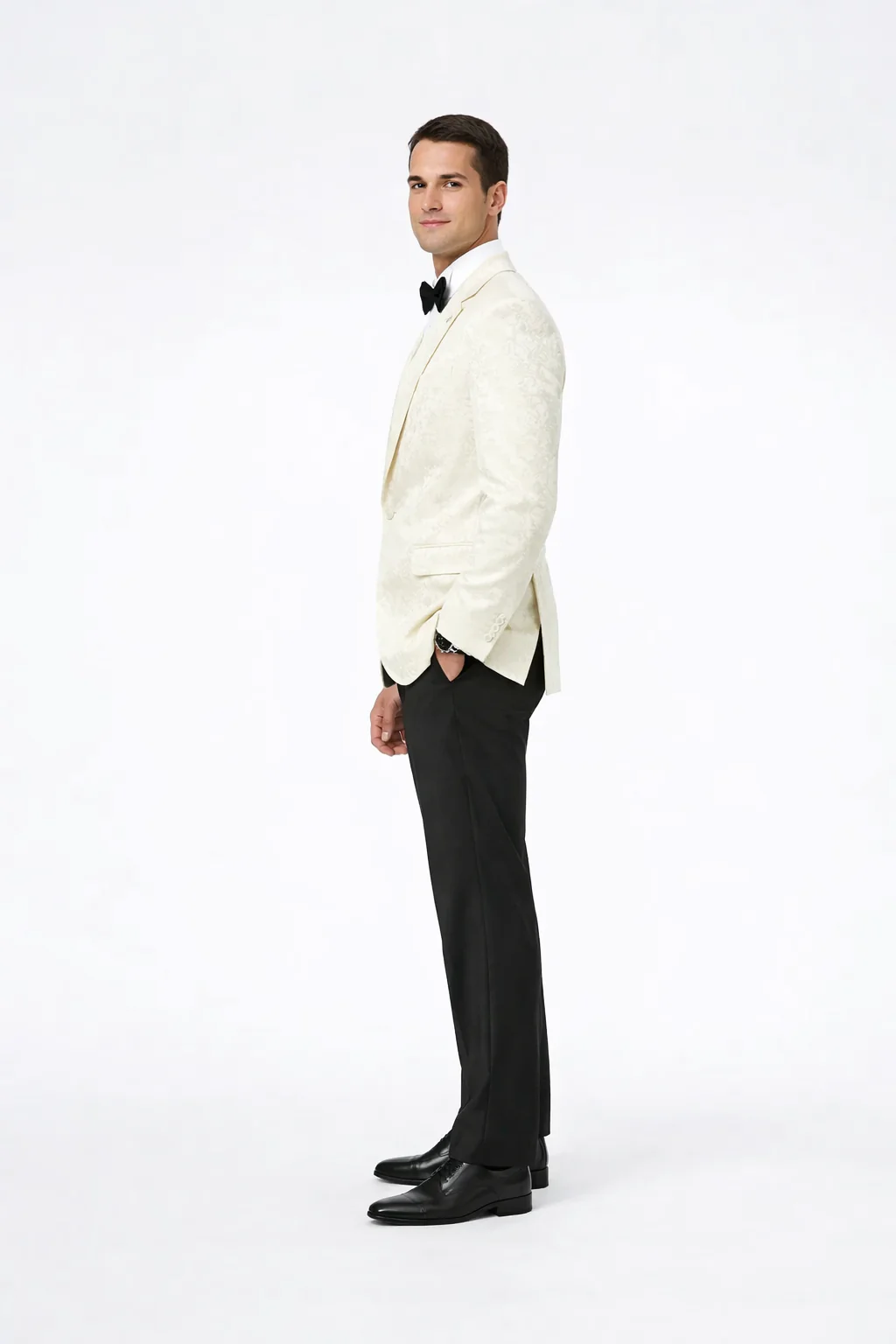 Designer Ivory Paisley Tuxedo Jacket with Shawl Lapel – Groom, Wedding & Prom Style - Image 2