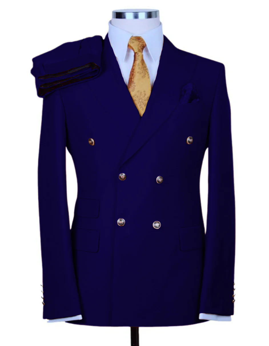Designer Mens Double Breasted Gold Button Suit in Khaki - Image 3