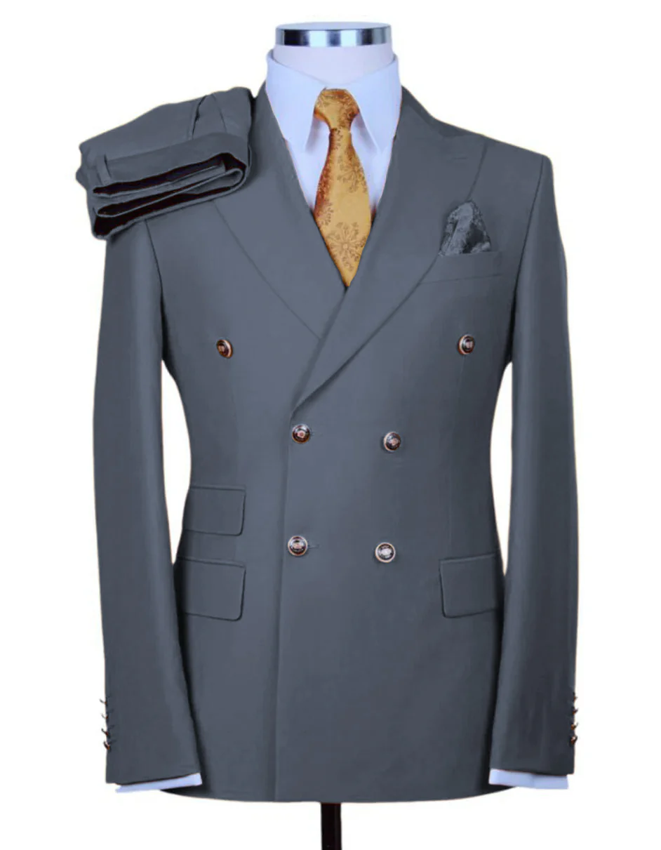 Designer Mens Double Breasted Gold Button Suit in Khaki - Image 4