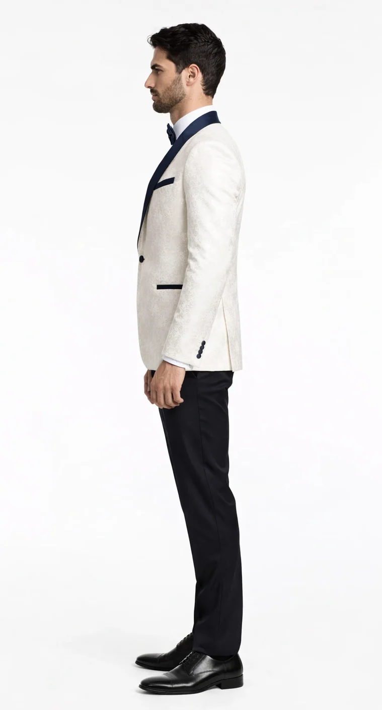 Designer White Metallic Flake Tuxedo with Navy Trim – 3-Piece Suit - Image 3