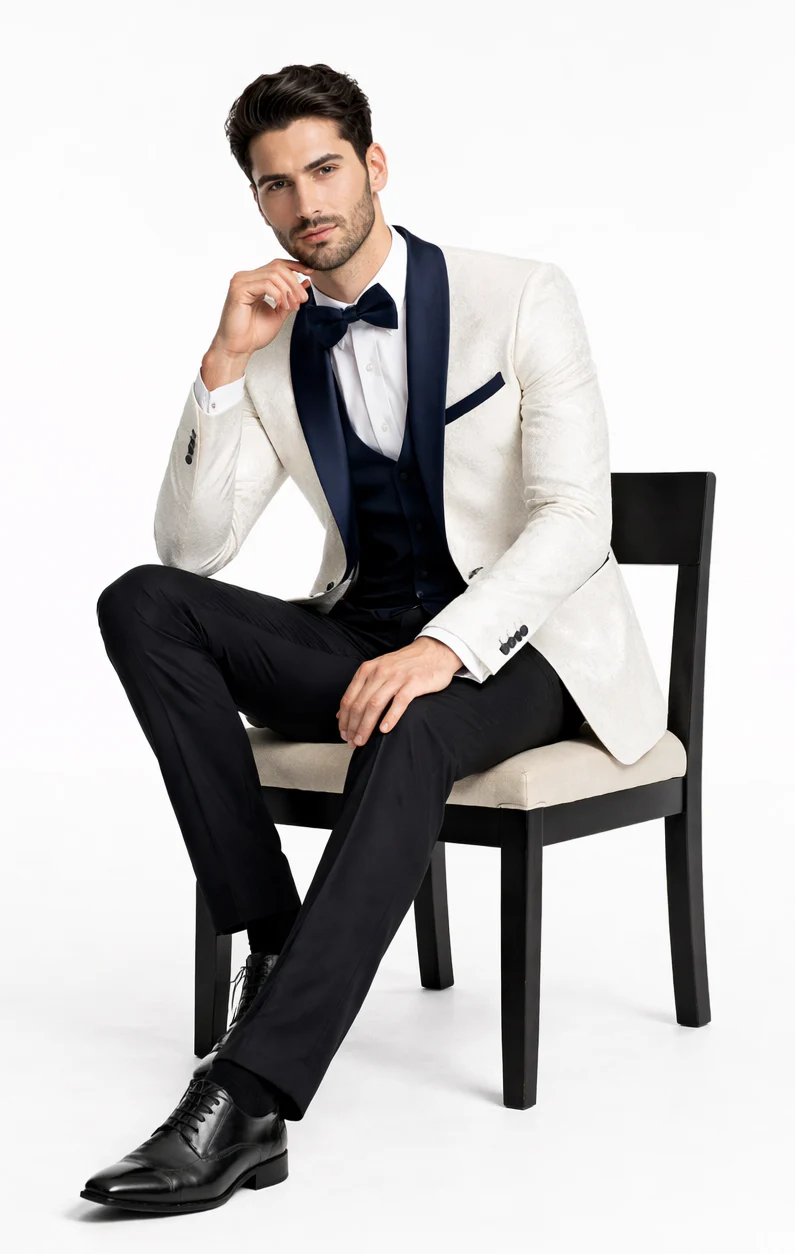 Designer White Metallic Flake Tuxedo with Navy Trim – 3-Piece Suit - Image 4