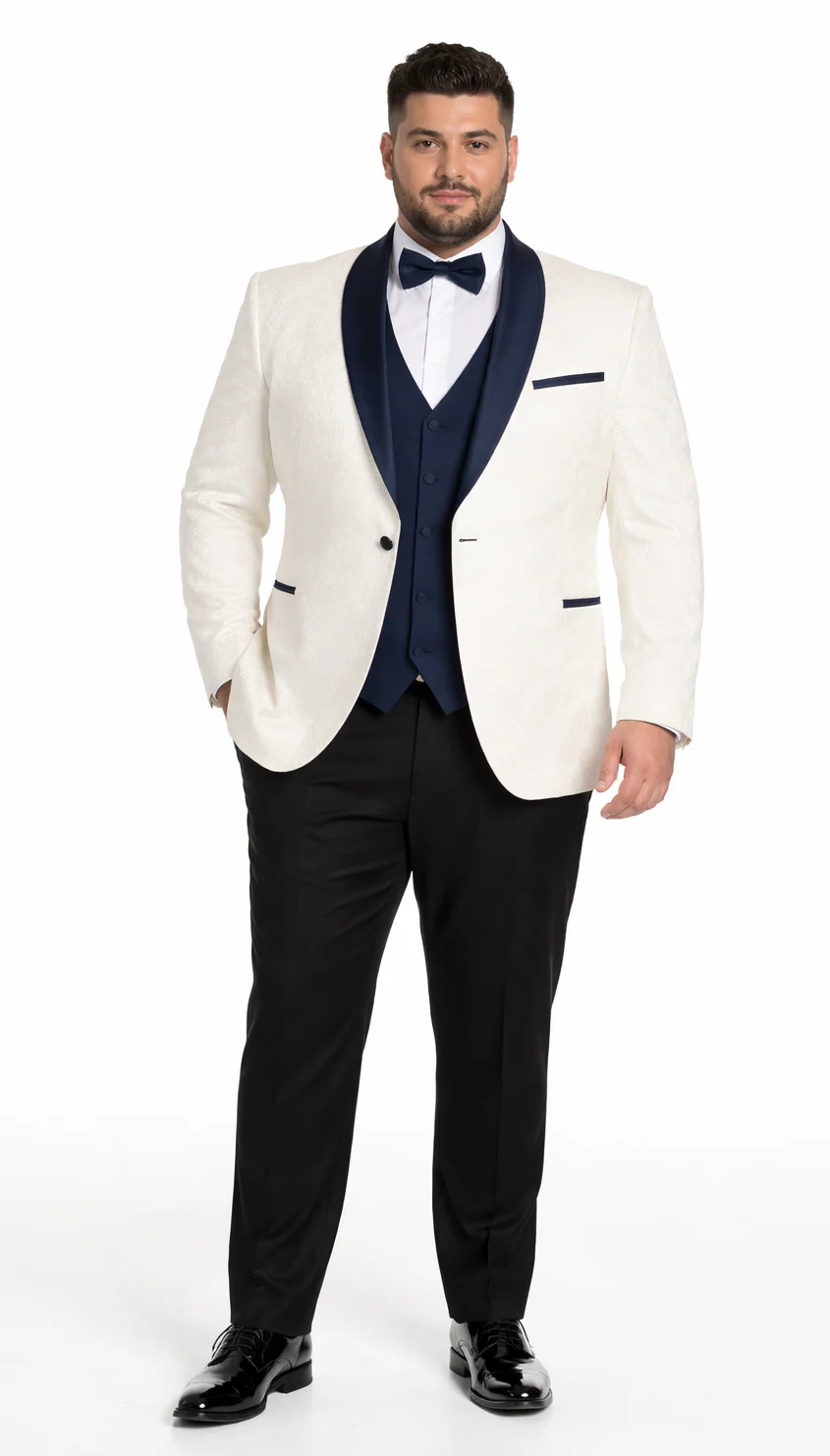 Designer White Metallic Flake Tuxedo with Navy Trim – 3-Piece Suit - Image 5