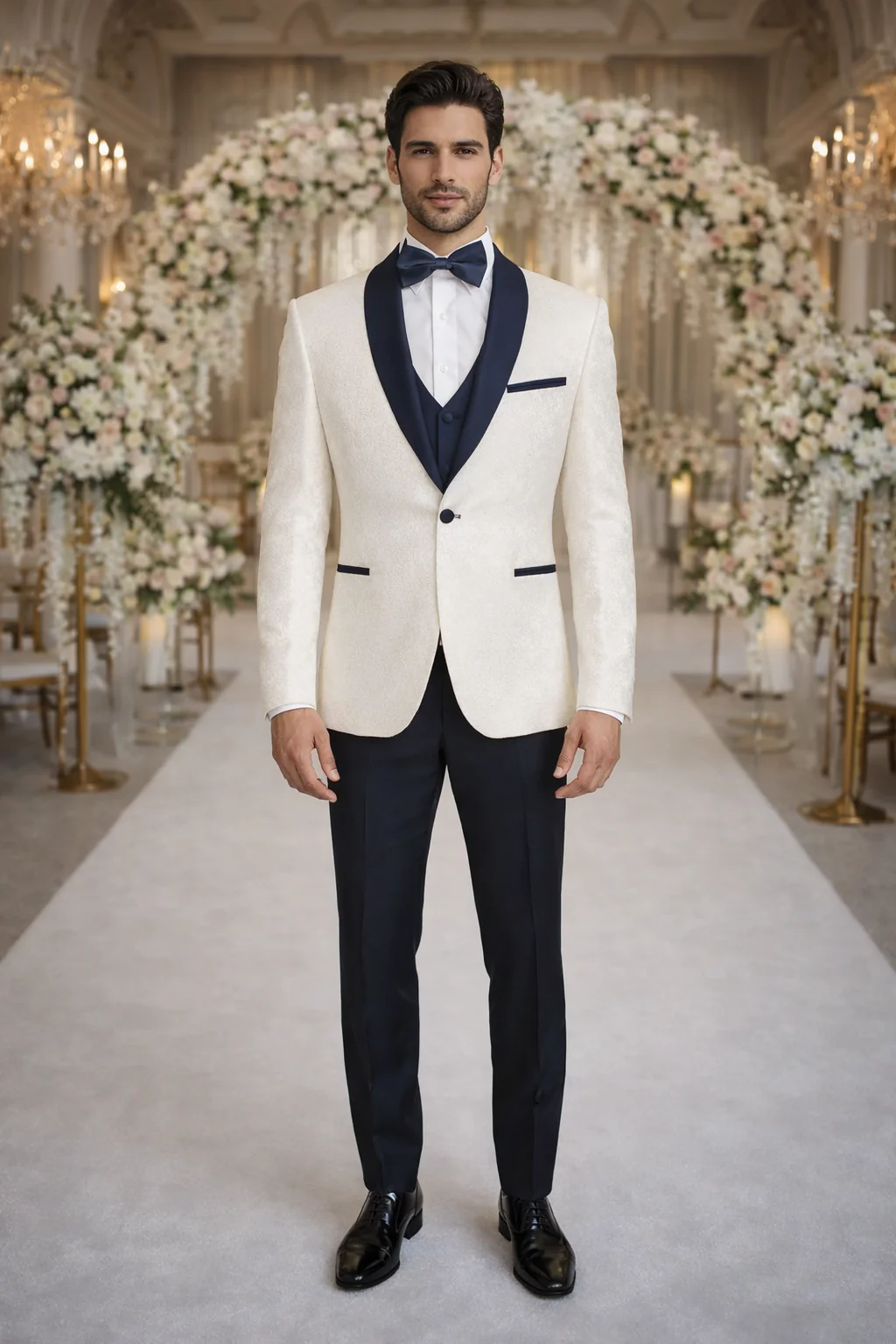 Designer White Metallic Flake Tuxedo with Navy Trim – 3-Piece Suit - Image 6