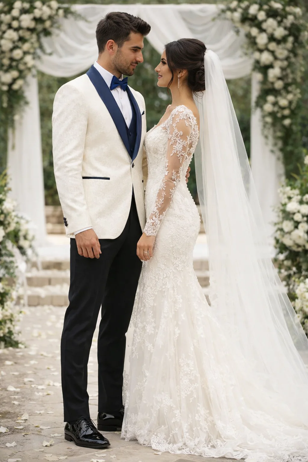Designer White Metallic Flake Tuxedo with Navy Trim – 3-Piece Suit - Image 7