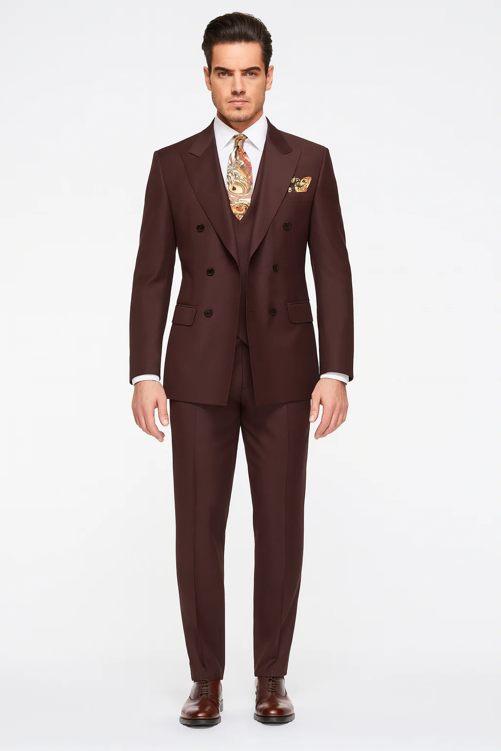 Double Breasted Suits - Vested Suits Wool Fabric - Apolo King Brand - Solid Brown Suit