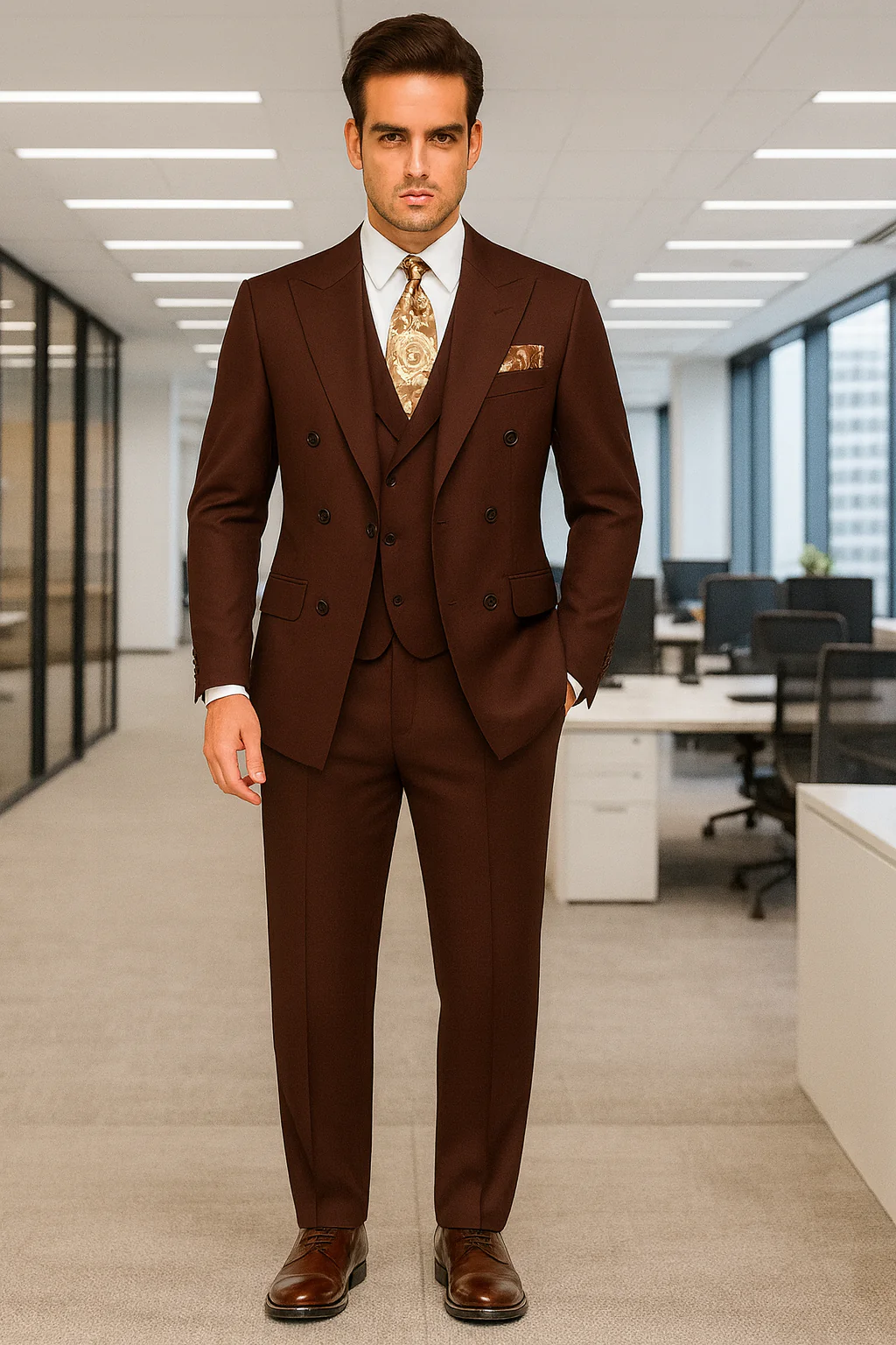 Double Breasted Suits - Vested Suits Wool Fabric - Apolo King Brand - Solid Brown Suit - Image 3