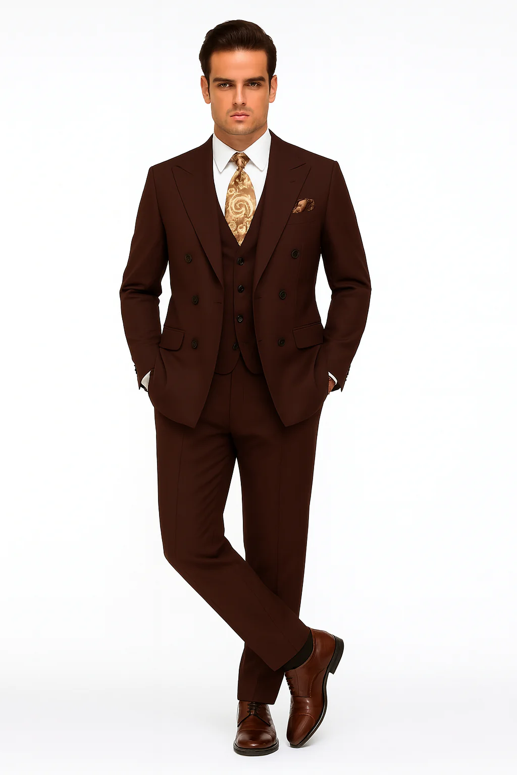 Double Breasted Suits - Vested Suits Wool Fabric - Apolo King Brand - Solid Brown Suit - Image 5