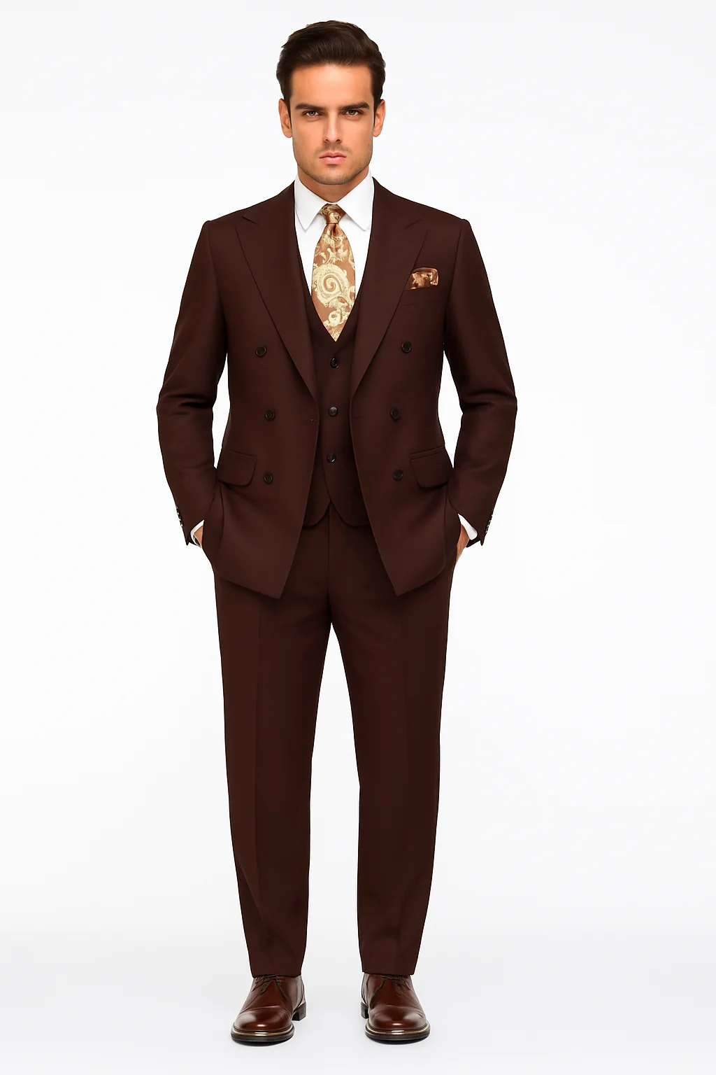 Double Breasted Suits - Vested Suits Wool Fabric - Apolo King Brand - Solid Brown Suit - Image 6