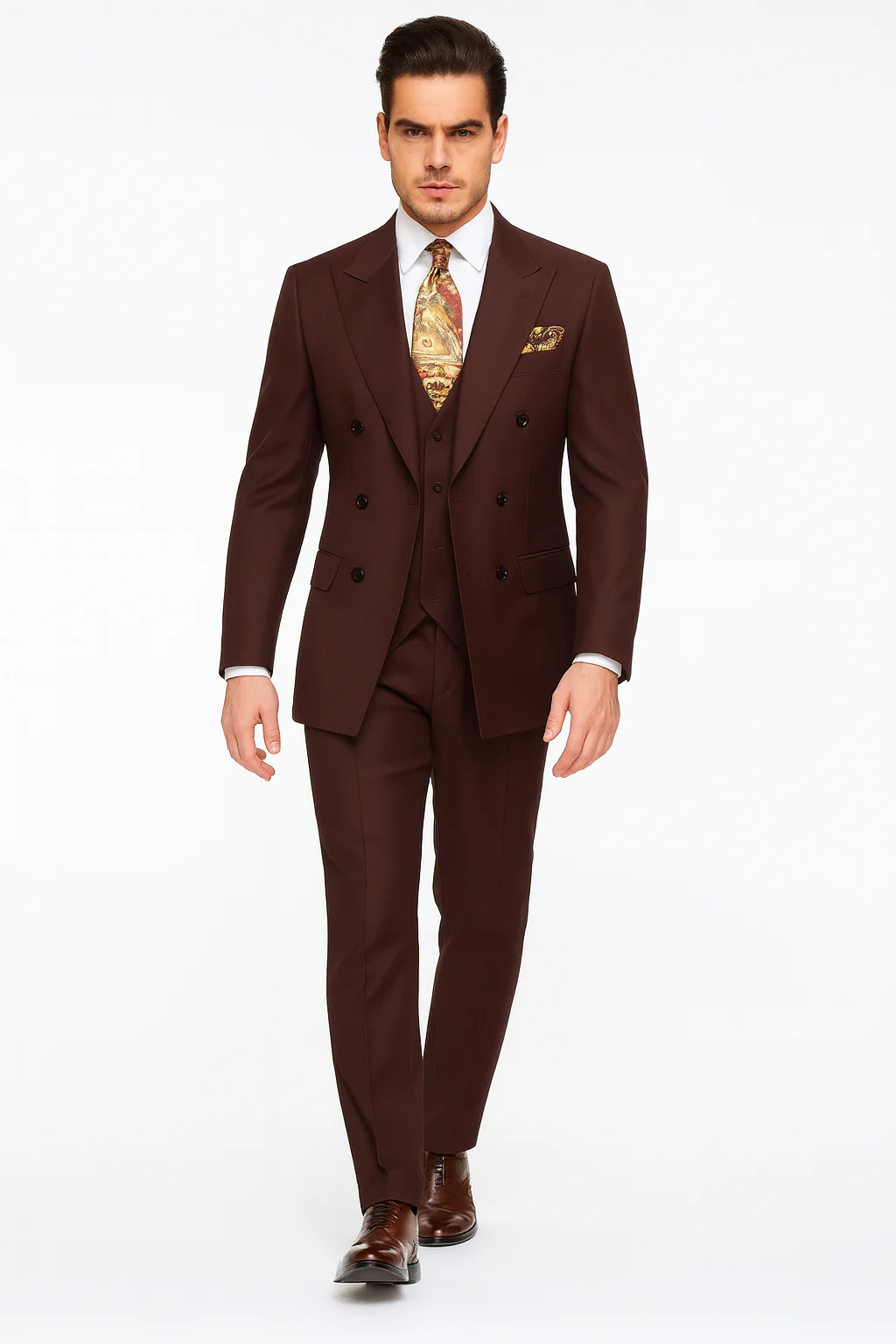 Double Breasted Suits - Vested Suits Wool Fabric - Apolo King Brand - Solid Brown Suit - Image 7