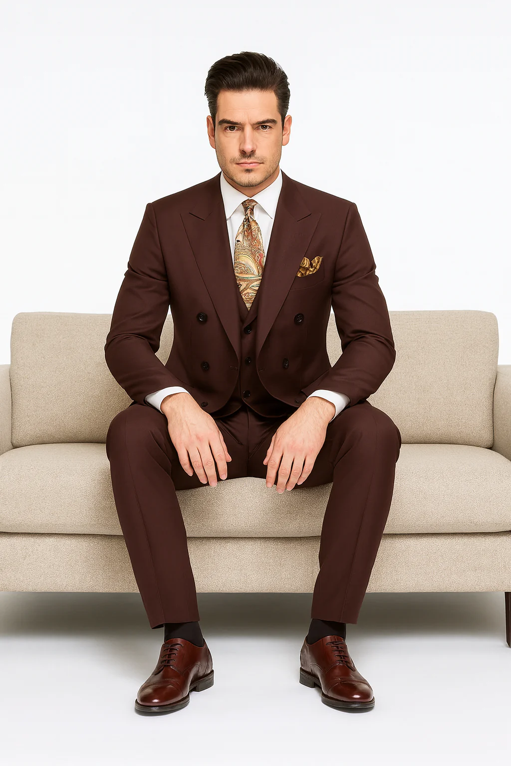 Double Breasted Suits - Vested Suits Wool Fabric - Apolo King Brand - Solid Brown Suit - Image 8