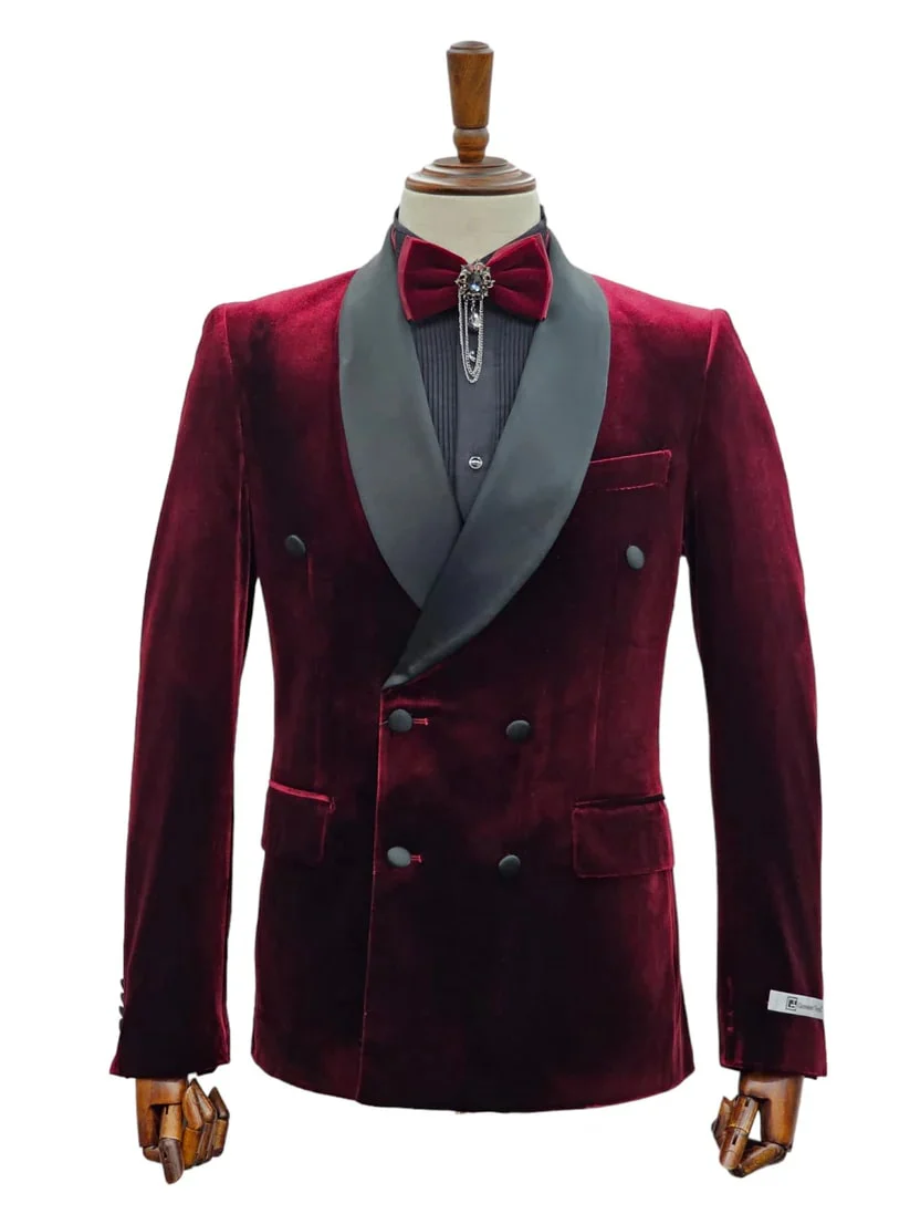 Double Breasted Tuxedo Suit  - Slim fitted - Burgundy Suit - Shawl Collar - Image 2