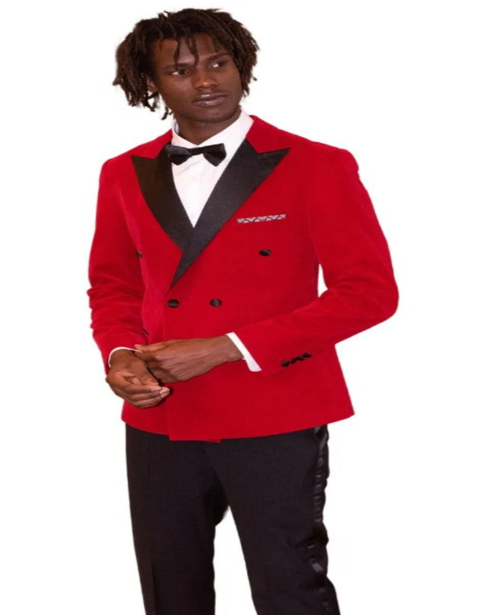 Double Breasted Tuxedo - Velvet Dinner Jacket with Pants in Color Red - Image 4
