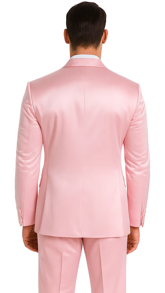 Dusty Rose Satin Double Breasted Peak Lapel 3 Piece Skinny Fit Tazzio Men's Suit with Matching Bowtie - Image 2
