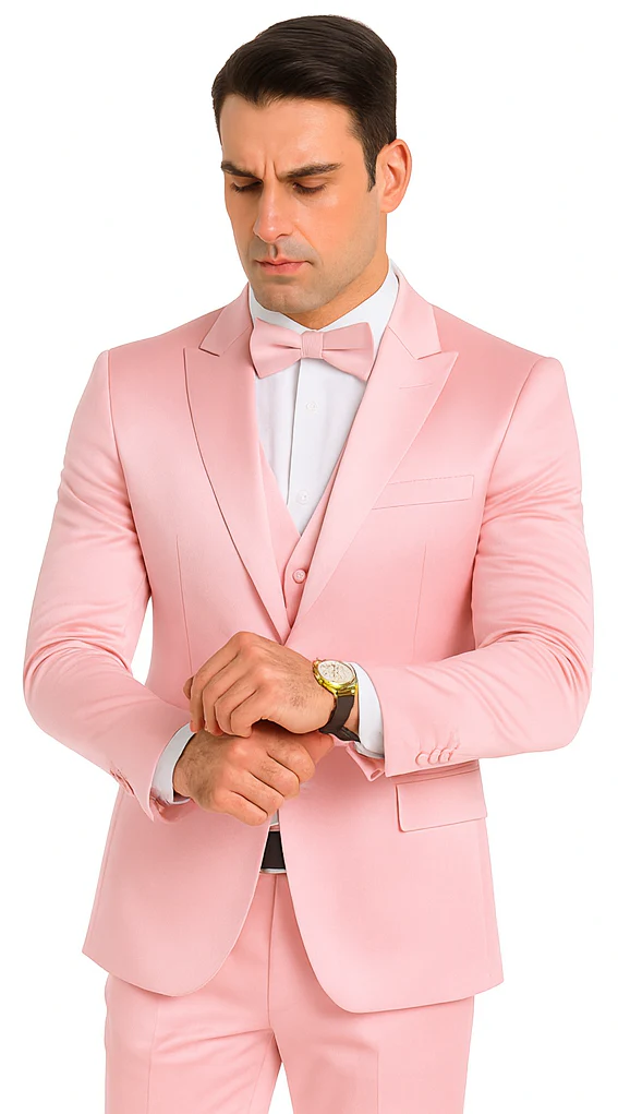 Dusty Rose Satin Double Breasted Peak Lapel 3 Piece Skinny Fit Tazzio Men's Suit with Matching Bowtie - Image 6