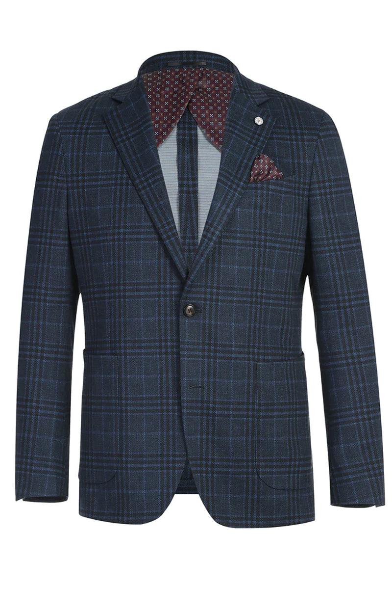 "Elevate Your Prom and Wedding Attire with Pelago's Blue Grey Windowpane Plaid Slim Fit Blazer"
