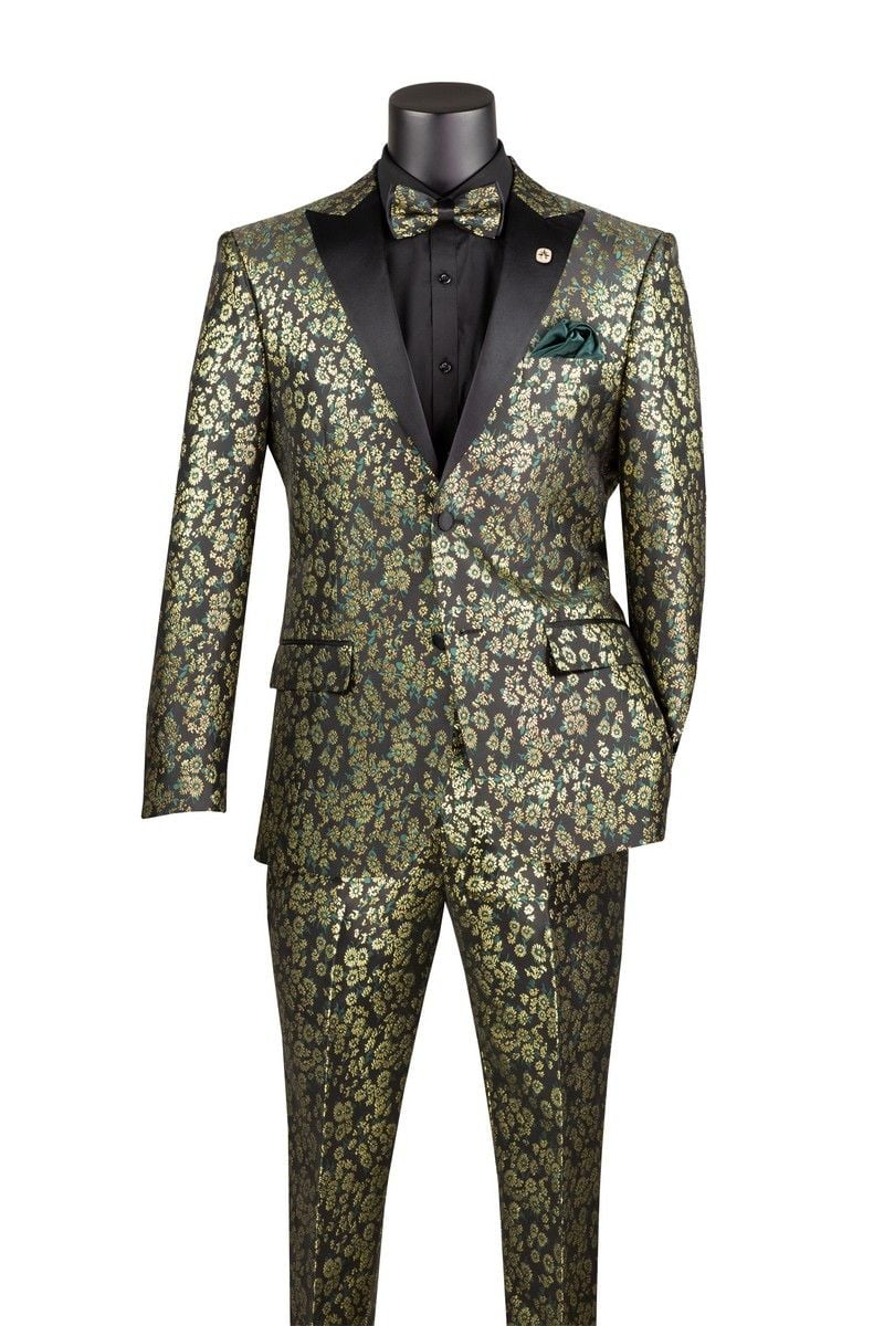 Emerald Green and Gold Floral Tuxedo Suit for Men Perfect Prom or Wedding Suit - Image 3