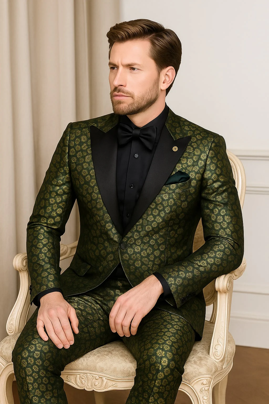 Emerald Green and Gold Floral Tuxedo Suit for Men Perfect Prom or Wedding Suit - Image 4
