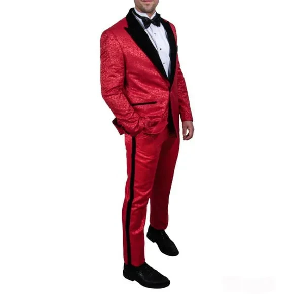 Exclusive Stacy Adams Velvet Paisley 2-PC Tuxedo Suit, Red and Black - Image 3
