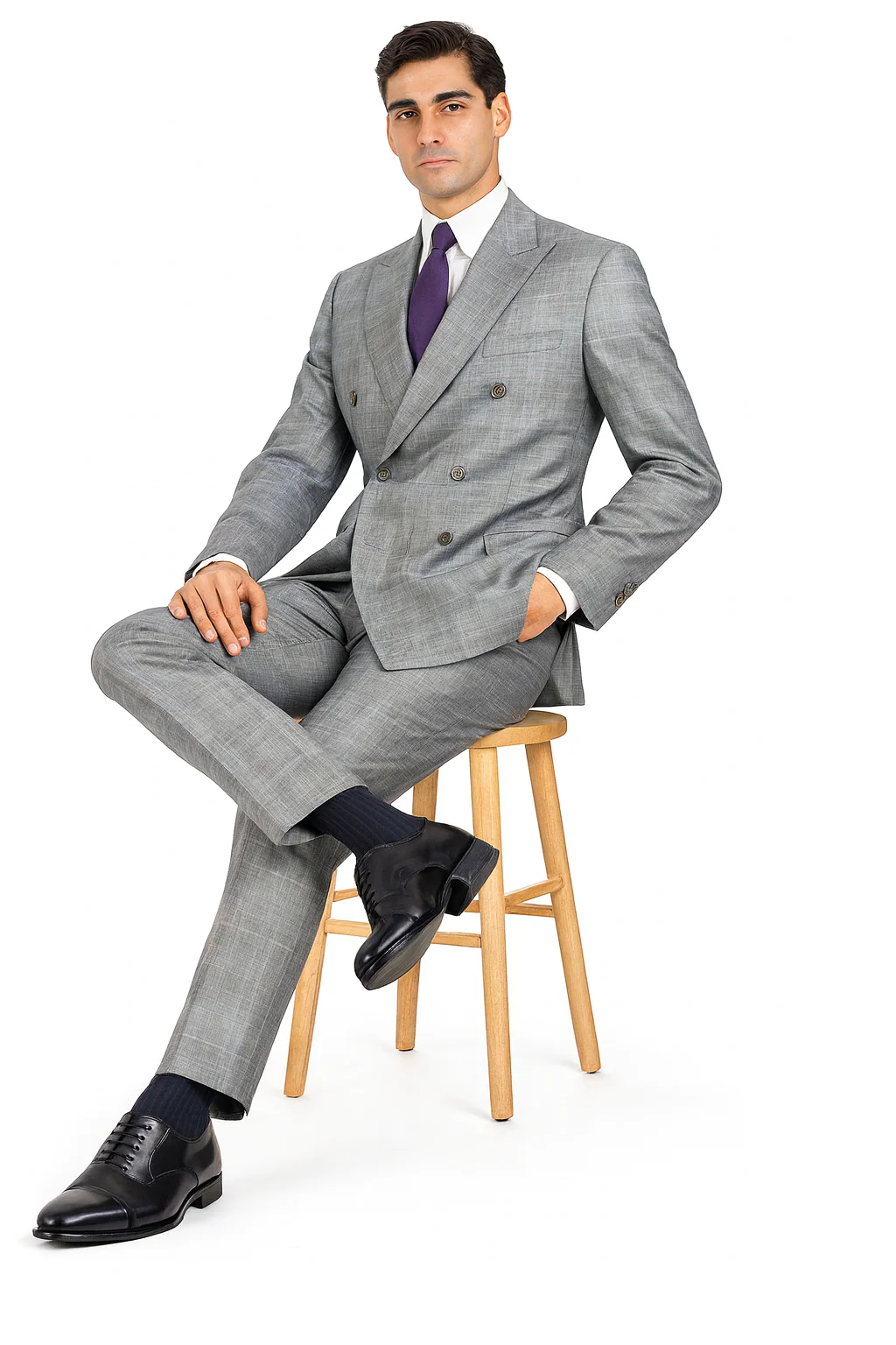 Executive Double Breasted Regular Fit Glen Plaid Suit - Color Grey - Image 4