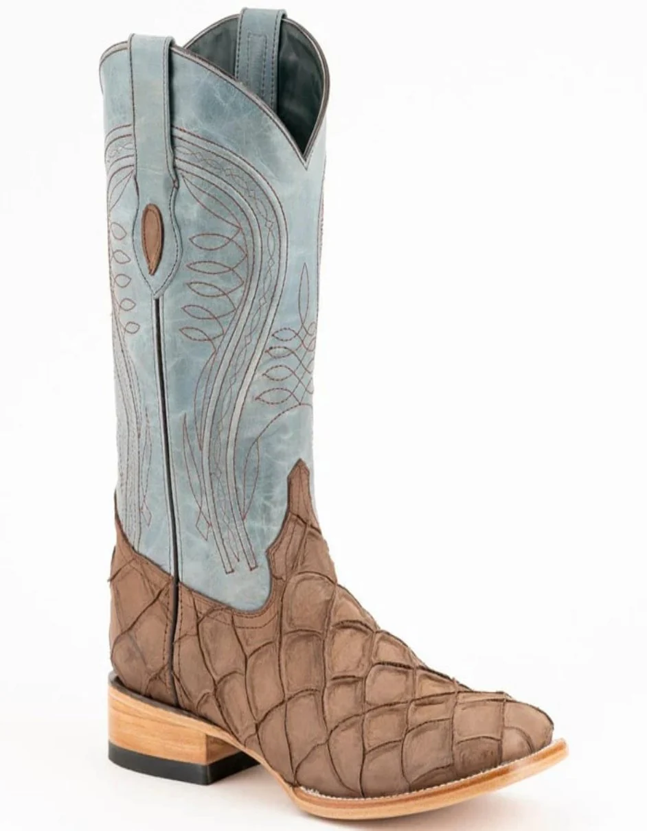 Ferrini Bronco Men's Print Pirarucu Fish Square Toe Boots Handcrafted Brown - Image 4