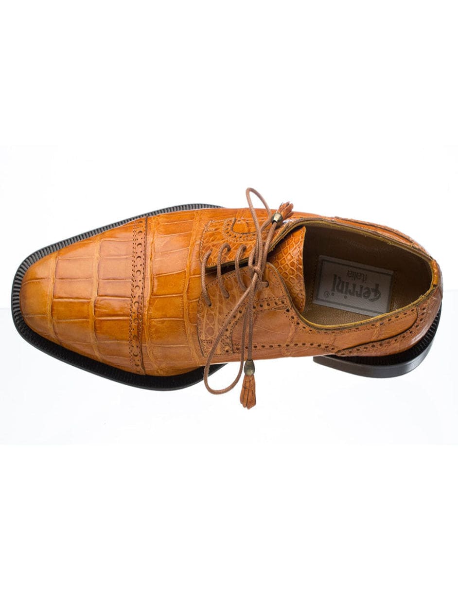 Ferrini Shoes - Mens Alligator Dress Shoe - Ferrini 216 Belly Alligator Cap Toe Shoes Cognac - Image 3