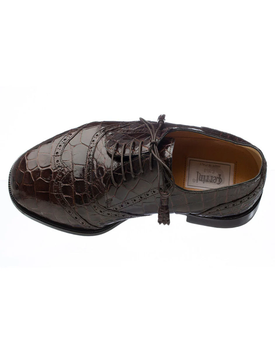 Ferrini Shoes - Mens Alligator Dress Shoe - Ferrini 3673 Belly Alligator Wingtip Shoes Chocolate - Image 3