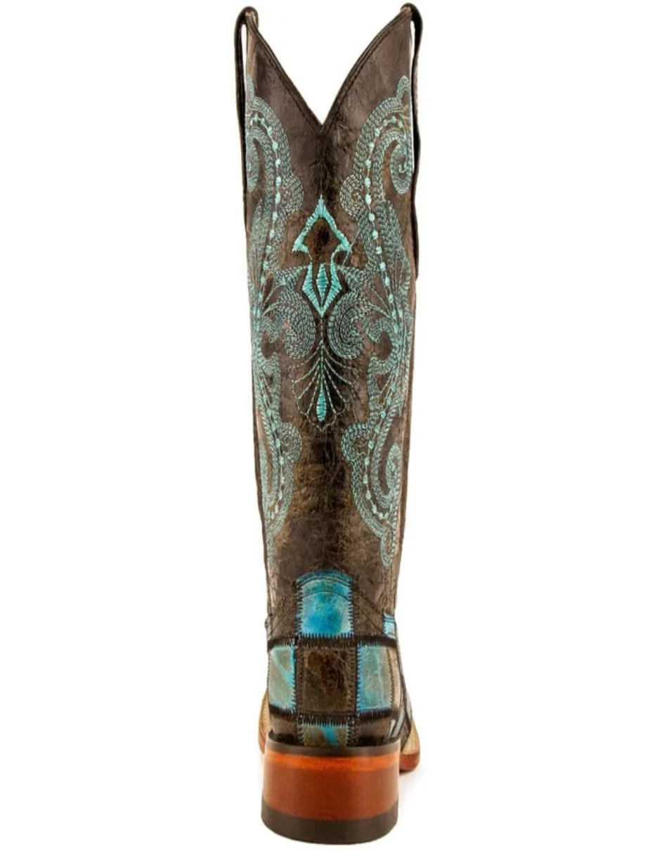 Ferrini Women's Patchwork Square Toe Boots Handcrafted - Black/Teal - Image 4