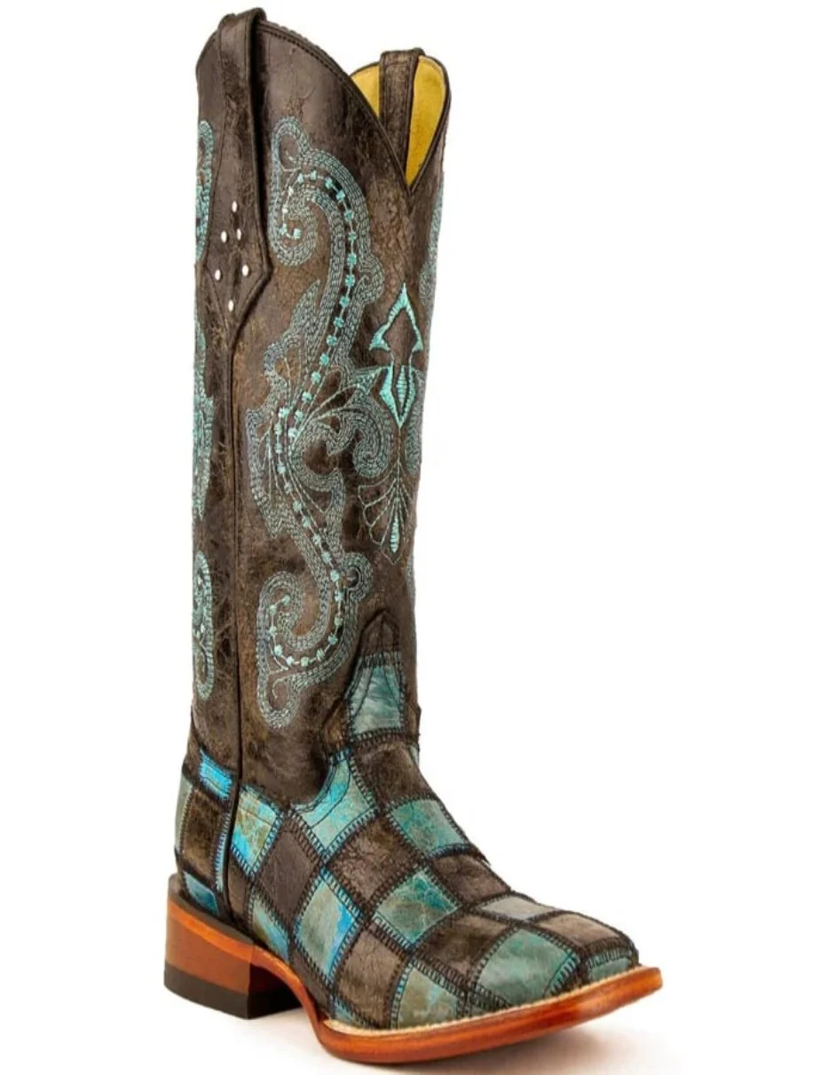 Ferrini Women's Patchwork Square Toe Boots Handcrafted - Black/Teal - Image 5