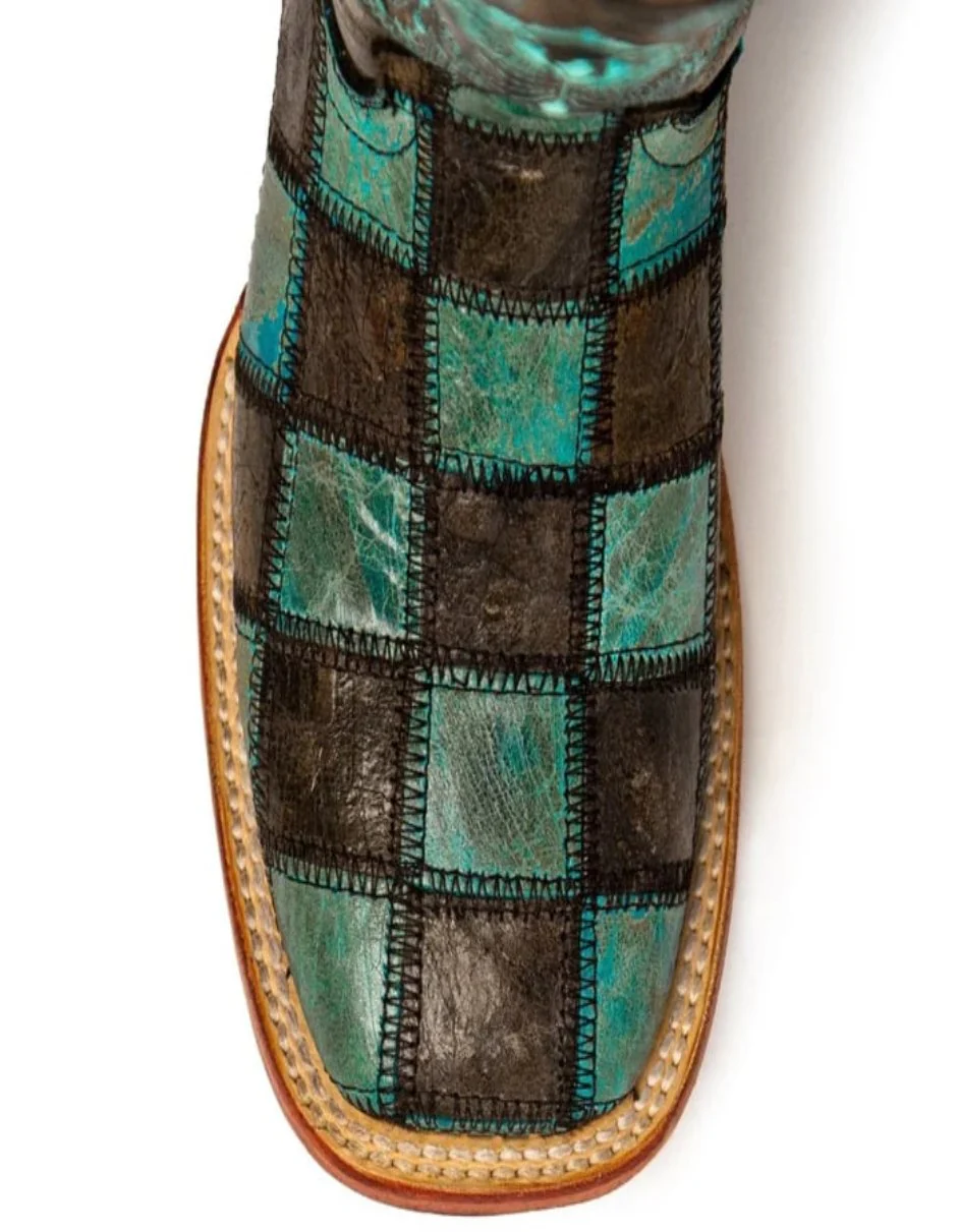 Ferrini Women's Patchwork Square Toe Boots Handcrafted - Black/Teal - Image 6