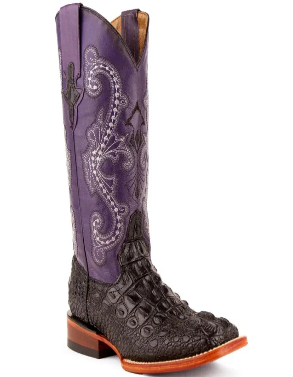 Ferrini Women's Rancher Square Toe Boots Crocodile Print - Black/Purple - Image 3