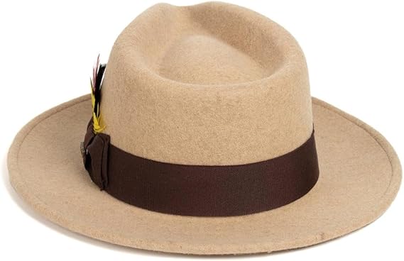 Gangster 100% Australian Wool Crushable Mens Fedora Hat - Removable Feather Gangster Beige Melange Mens Fedora Hat - Image 2
