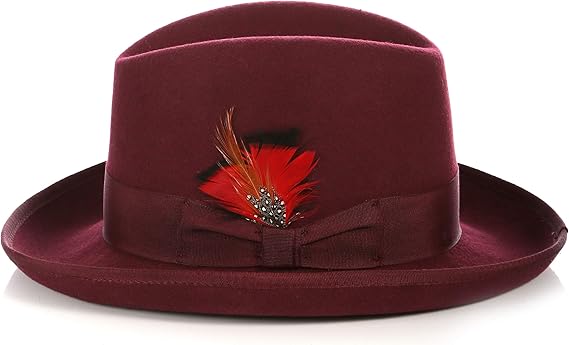 Gangster 100% Australian Wool Crushable Mens Fedora Hat - Removable Feather Gangster  Burgundy Mens Fedora Hat - Image 2